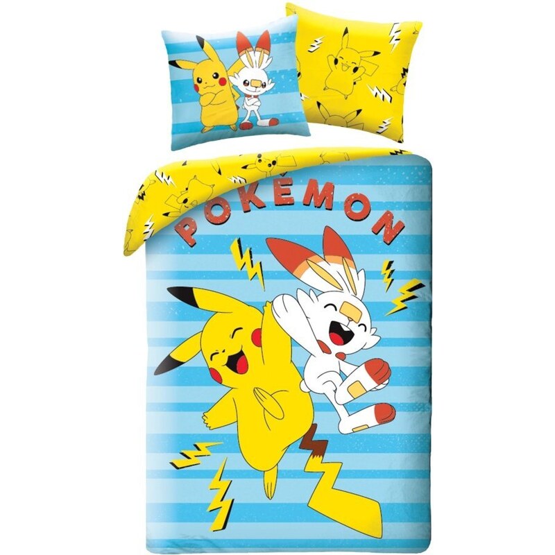 Halantex Obojstranné posteľné obliečky Pokémoni Pikachu a Scorbunny - 100% bavlna - 70 x 90 cm + 140 x 200 cm