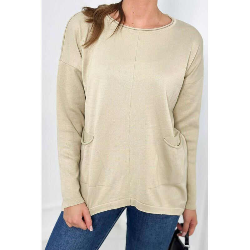 K-Fashion Sveter s prednými vreckami béžový 49780809