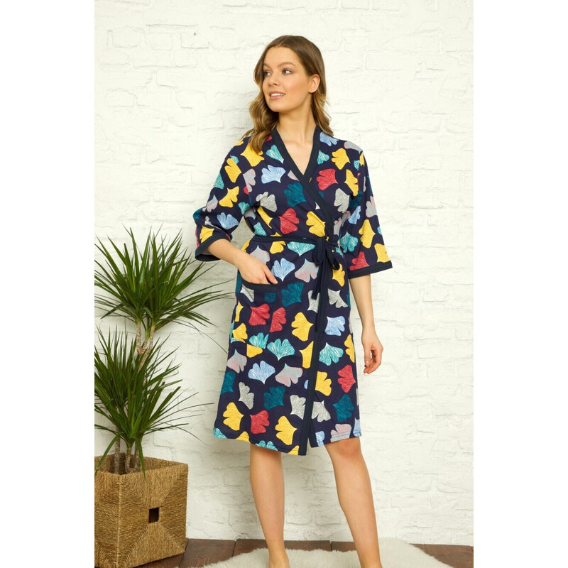 La Penne Dámsky župan Y19260 tm. modrý s lístkami - La Penna 49780341