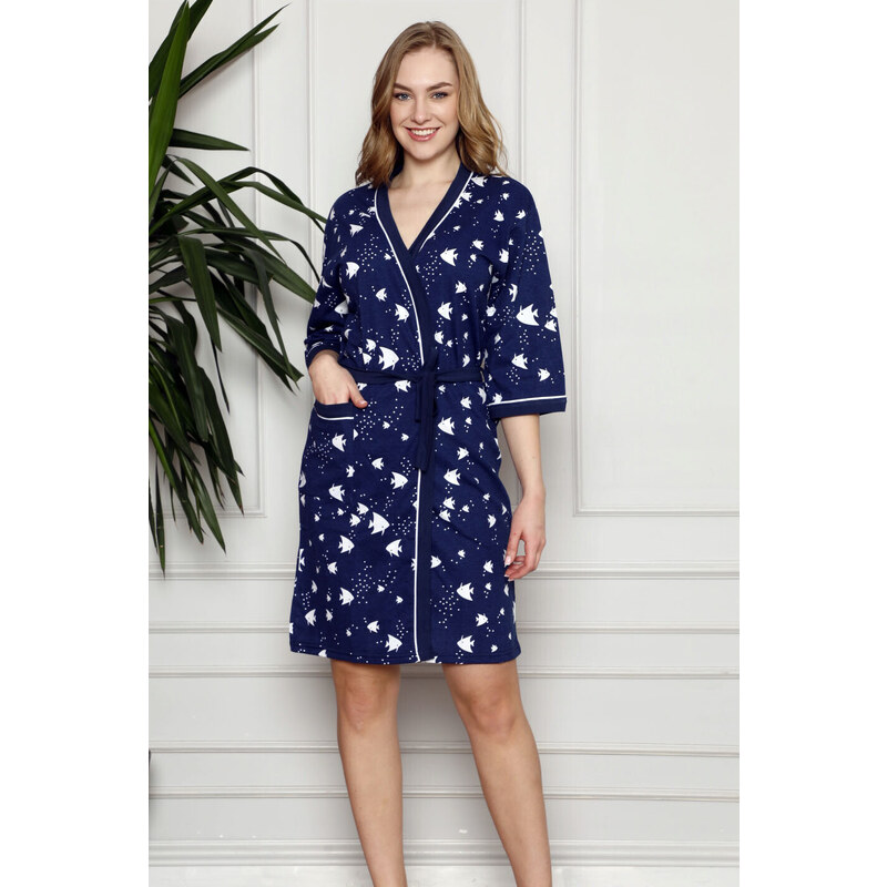 La Penne Dámsky župan Y19252 tm. modrý s rybičkami - La Penna 49780344