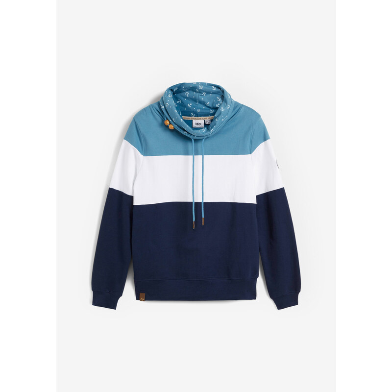 bonprix Mikina s potlačeným golierom z čistej bavlny, farba modrá 47086271