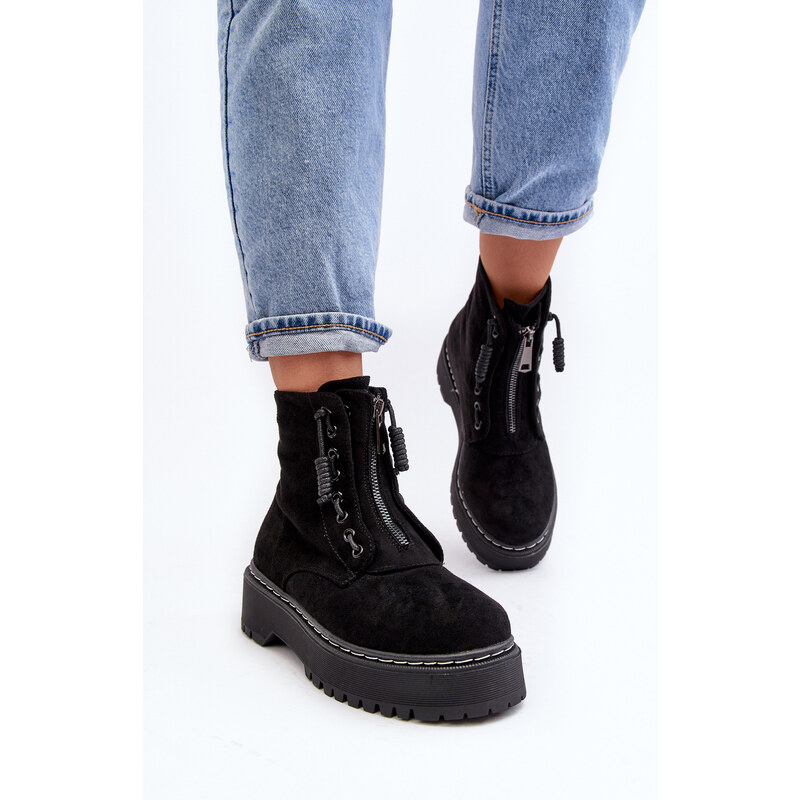 Basic Semišové dámske čierne členkové topánky na hrubej podrážke so zipsom