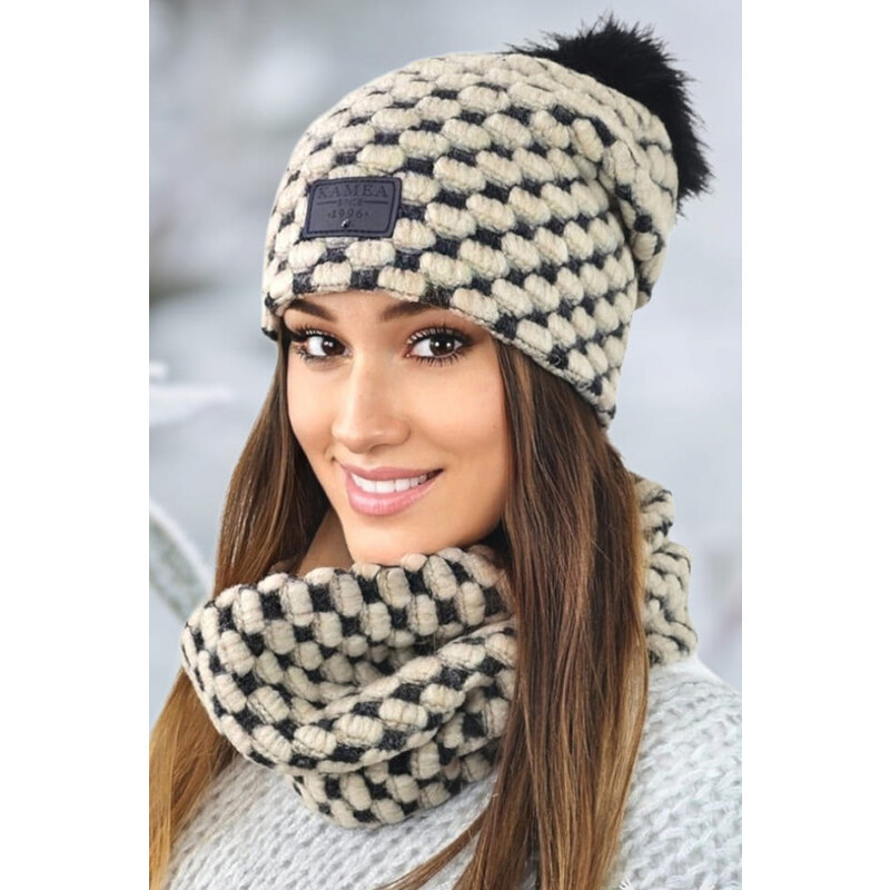 Kamea Béžový dámsky set čiapka s brmbolcom + nákrčník Imelda, Farba 47196144