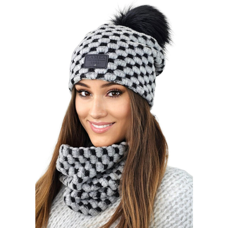 Kamea Šedý dámsky set čiapka s brmbolcom + nákrčník Imelda, Farba šedá 47196145