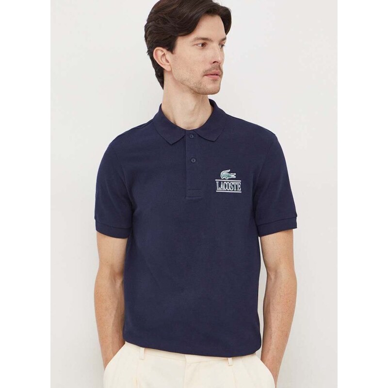 Polo tričko Lacoste pánsky, tmavomodrá farba, s potlačou