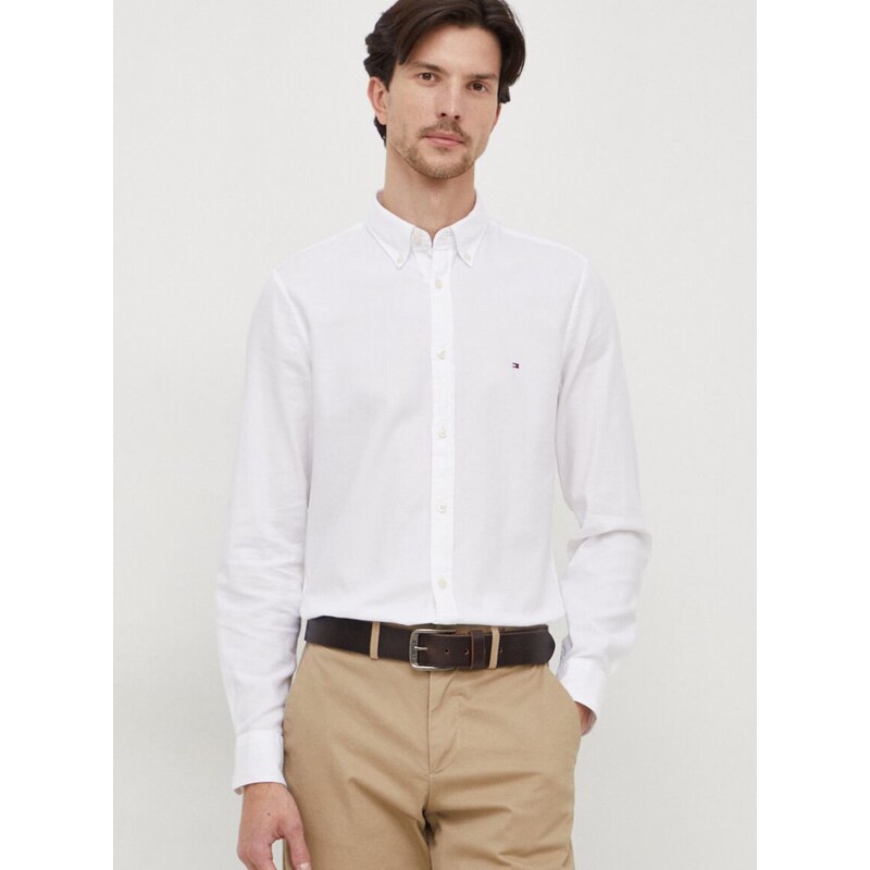 Bavlnená košeľa Tommy Hilfiger pánska,biela farba,slim,s golierom button-down,MW0MW33782
