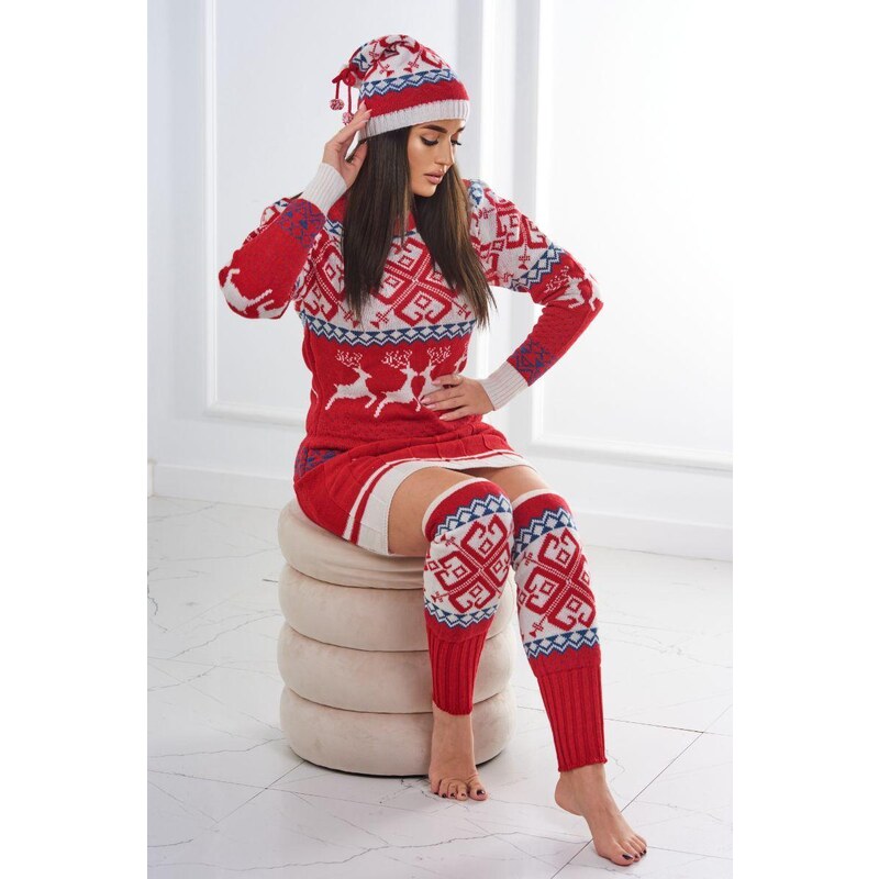 MladaModa Vianočný set sveter + čiapka + nadkolienky model 1002 červený