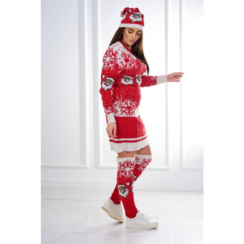 MladaModa Vianočný set sveter + čiapka + nadkolienky model 1005 červený