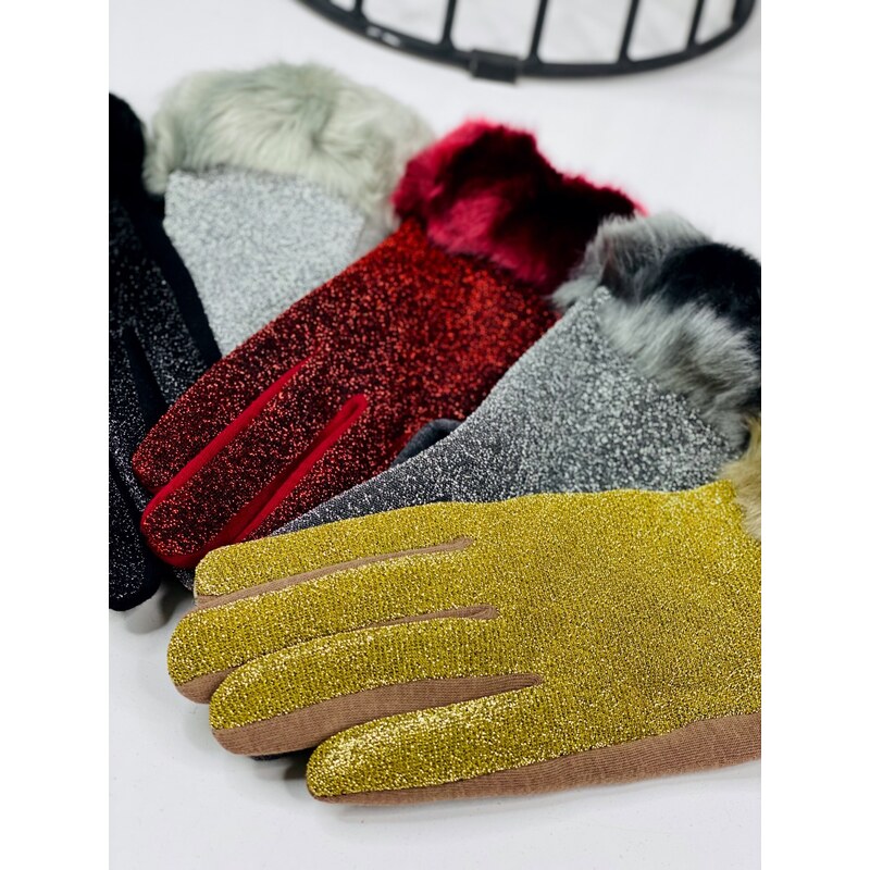 Webmoda Dámske trblietavé rukavice s kožušinou - sivé