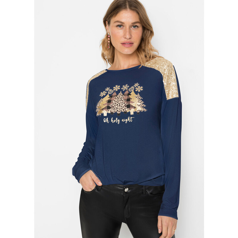 bonprix Oversize tričko s vianočným motívom a peknými flitrami, farba 65915929
