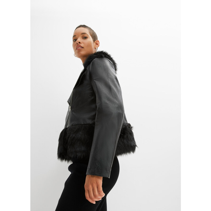 bonprix Koženková bunda s umelou kožušinkou, farba čierna