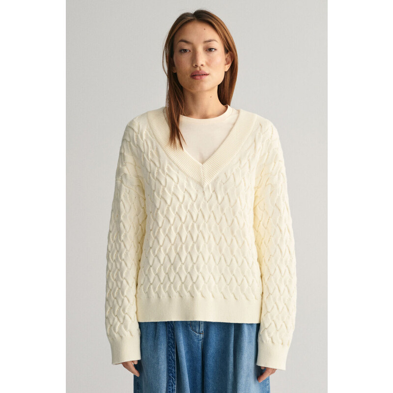 SVETER GANT TEXTURED COTTON V-NECK CREAM 47308527
