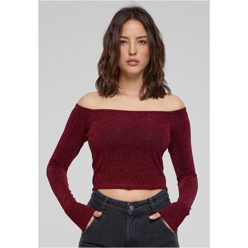Urban Classics Womens Off Shoulder Glitter Long Sleeve Burgundy 50607167