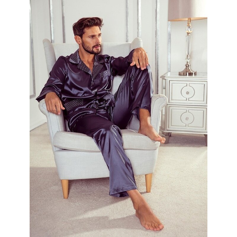 Pyjamas De Lafense 939 Satin L/R M-4XL Mens Zip-Up Navy Blue 042 61545224