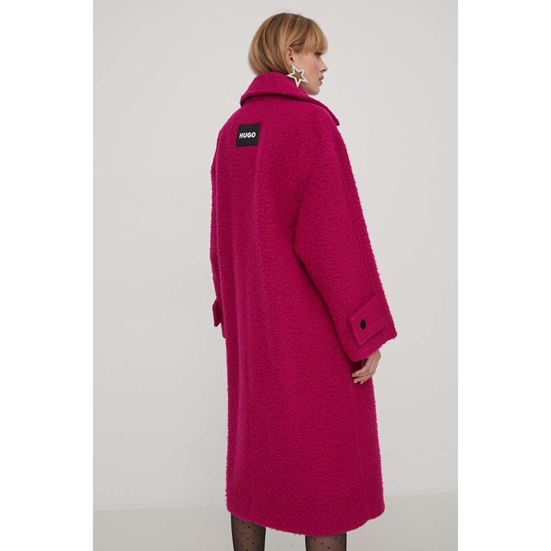 Vlnený kabát HUGO ružová farba, prechodný, dvojradový