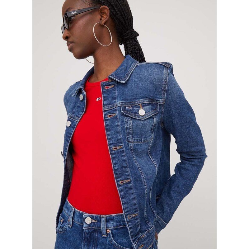 Rifľová bunda Tommy Jeans dámska,prechodná,DW0DW17215