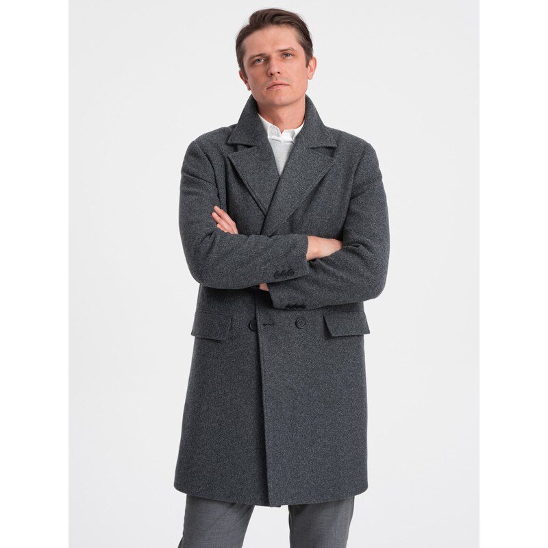 Ombre Clothing Pánsky dvojradový kabát s podšívkou - grafitový V2 OM-COWC-0107