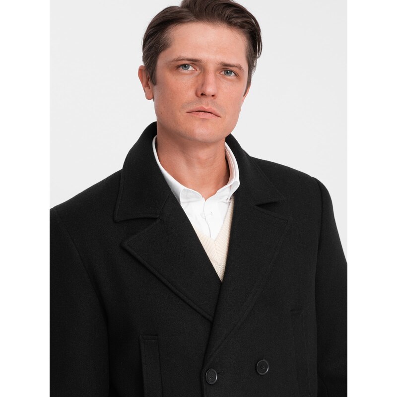 Ombre Clothing Pánsky dvojradový kabát s podšívkou - čierny V4 OM-COWC-0107