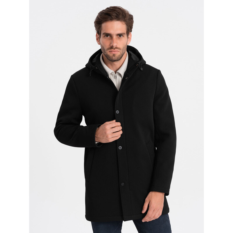 Ombre Clothing Pánsky zateplený kabát s kapucňou a skrytým zipsom - čierny V1 OM-COWC-0110