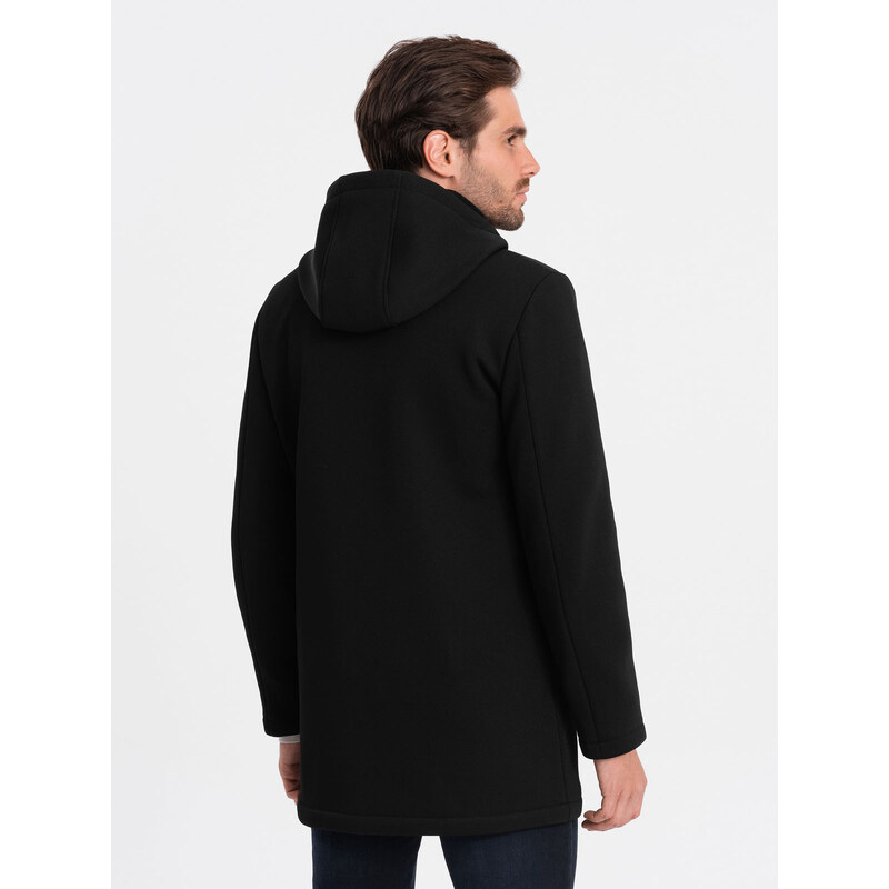 Ombre Clothing Pánsky zateplený kabát s kapucňou a skrytým zipsom - čierny V1 OM-COWC-0110