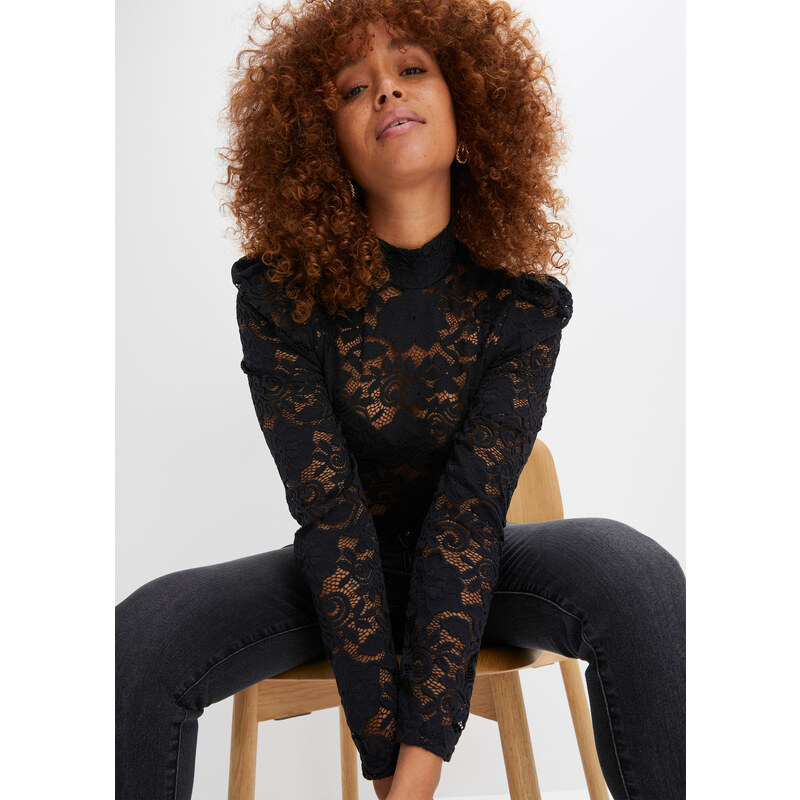 bonprix Čipkované tričko, priliehavé, dlhý rukáv, farba čierna 47459895