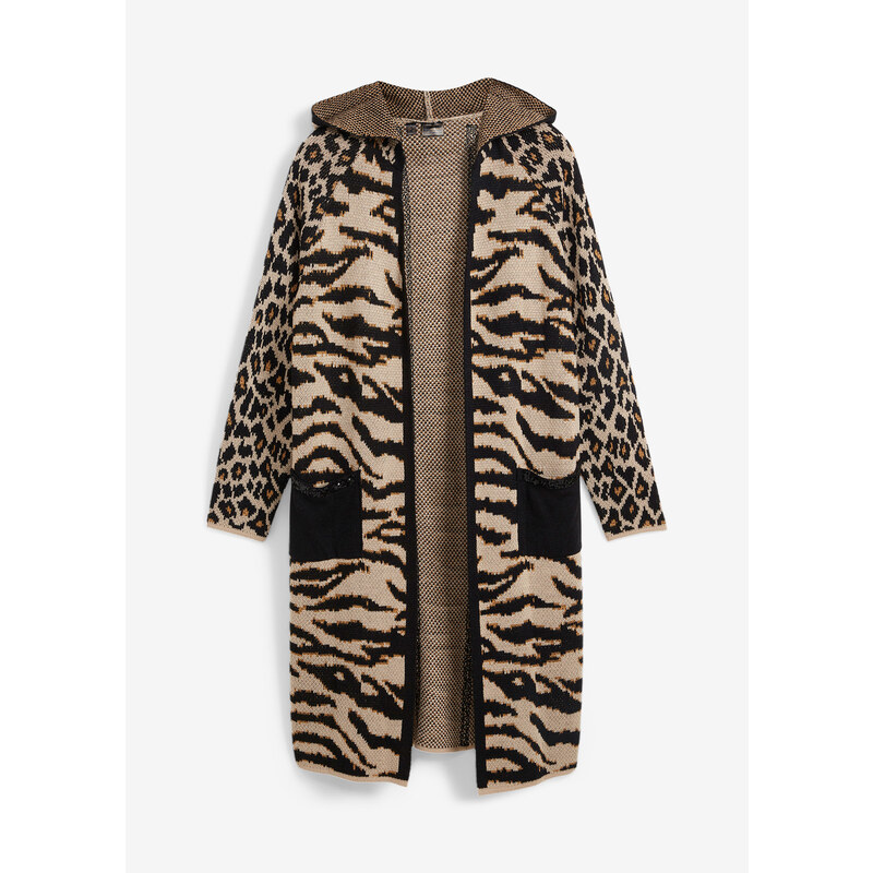 bonprix Pletený kabát s flitrami a kapucňou, farba béžová 47086388