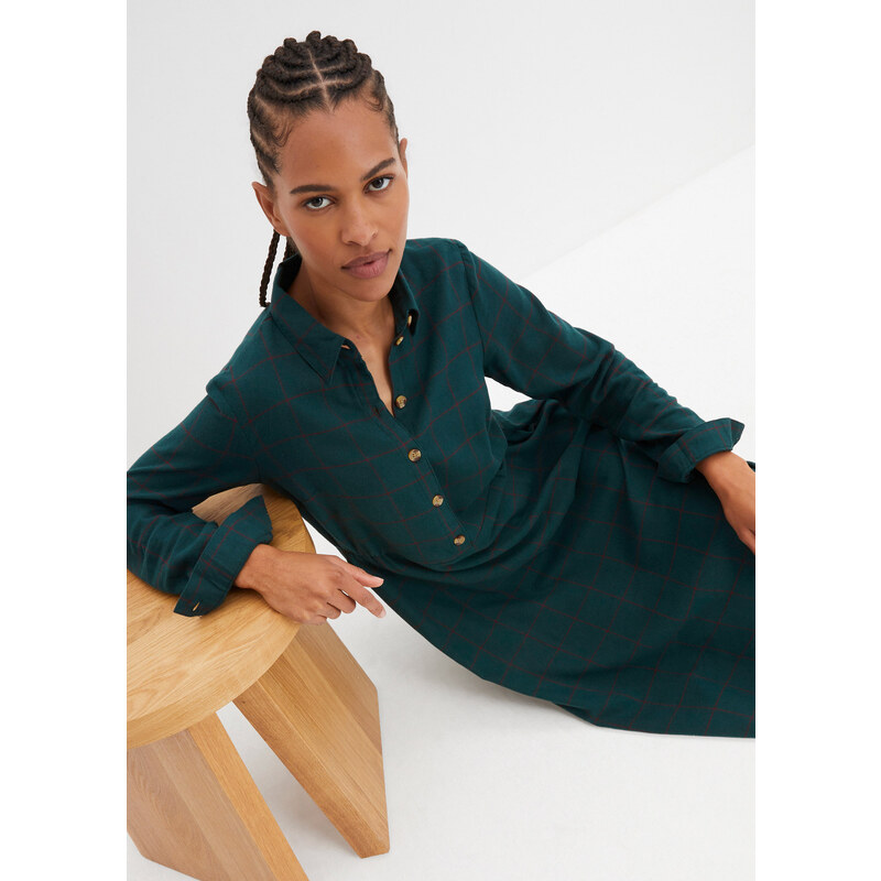 bonprix Flanelové blúzové šaty, midi dĺžka, kárované, farba zelená, rozm. 52