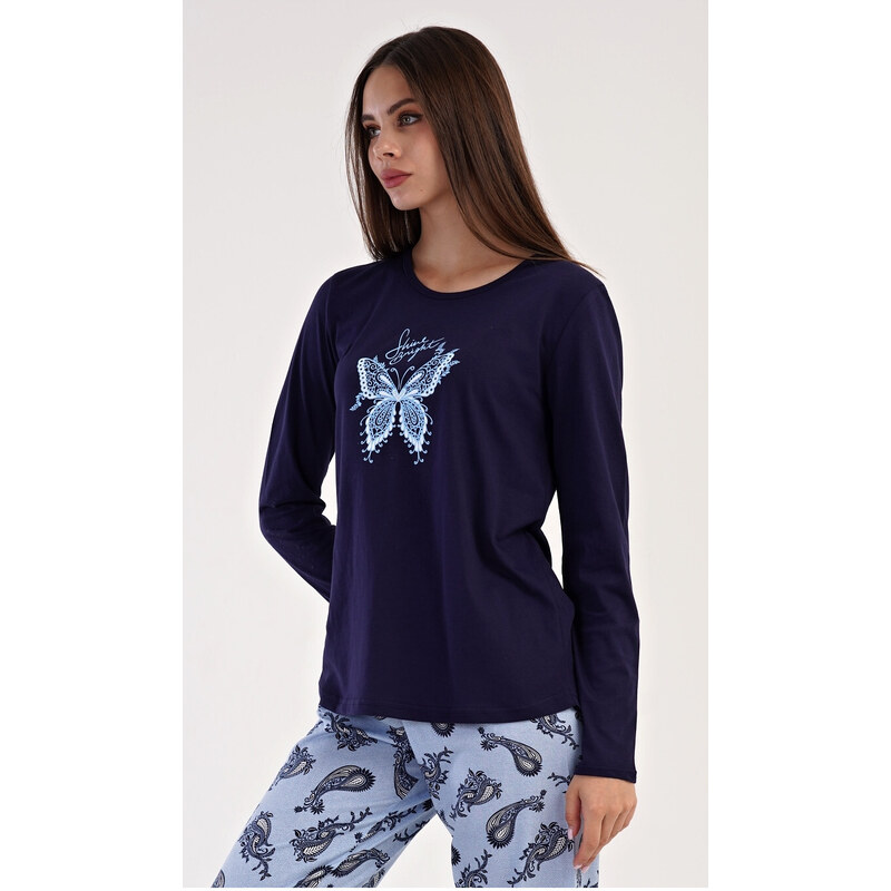 Vienetta Secret Dámske pyžamo dlhé Motýľ, farba tmavě modrá, 100% bavlna