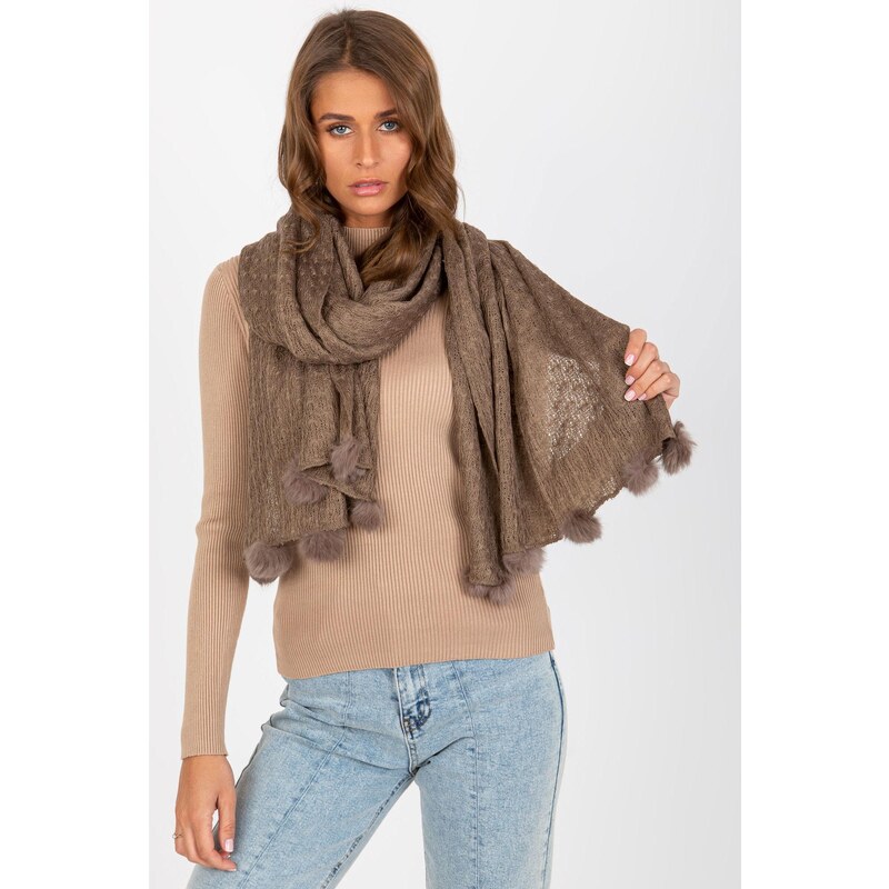 MladaModa Úpletový dámsky šál s brmbolcami model 31857 béžový 67423836