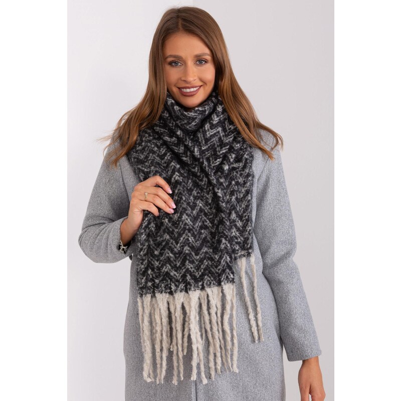 MladaModa Hrejivý dámsky šál so strapcami model 12575 čierny+béžový 47485341