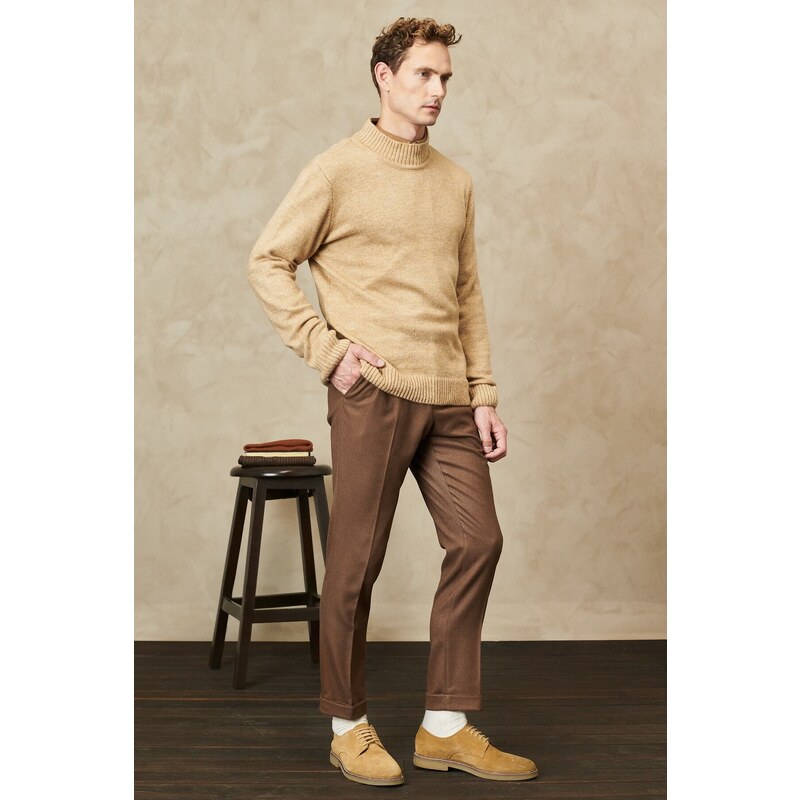 ALTINYILDIZ CLASSICS Men's Brown Standard Fit Normal Cut Half Turtleneck Raised Soft Textured Knitwear Sweater