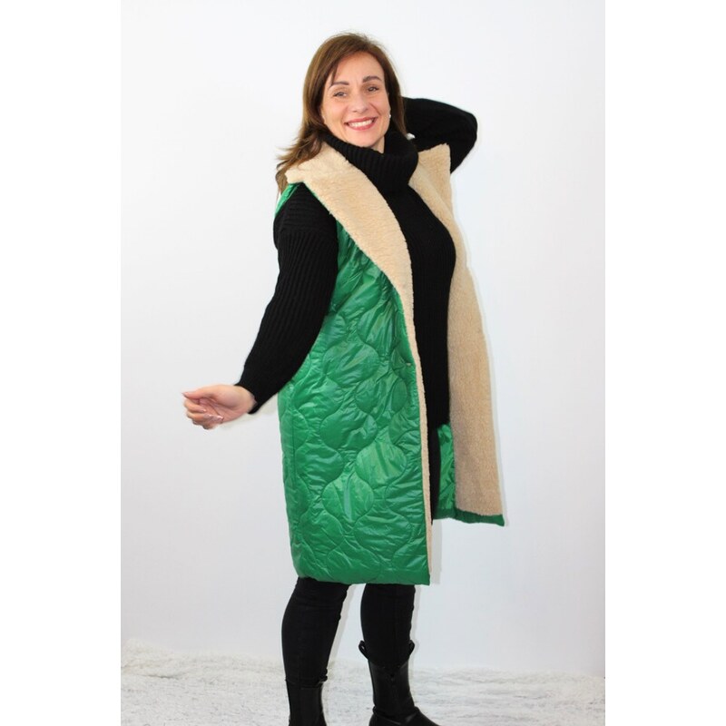 Taliansko Prešívaná vesta s kožušinou - zelená