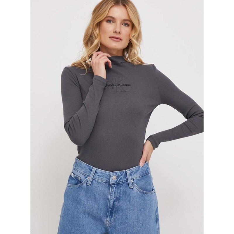 Tričko s dlhým rukávom Calvin Klein Jeans dámsky, šedá farba, J20J222973