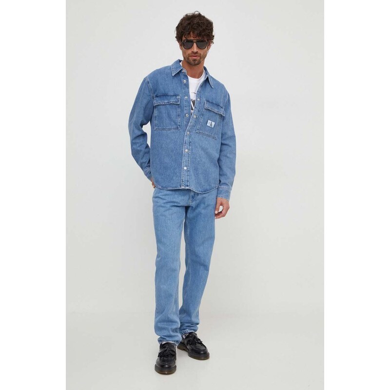 Rifľová košeľa Calvin Klein Jeans pánska,regular,s klasickým golierom,J30J324582