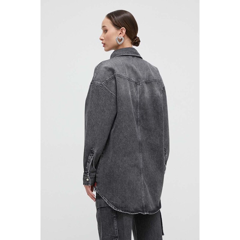 Rifľová bunda HUGO dámska,šedá farba,prechodná,oversize,50508975