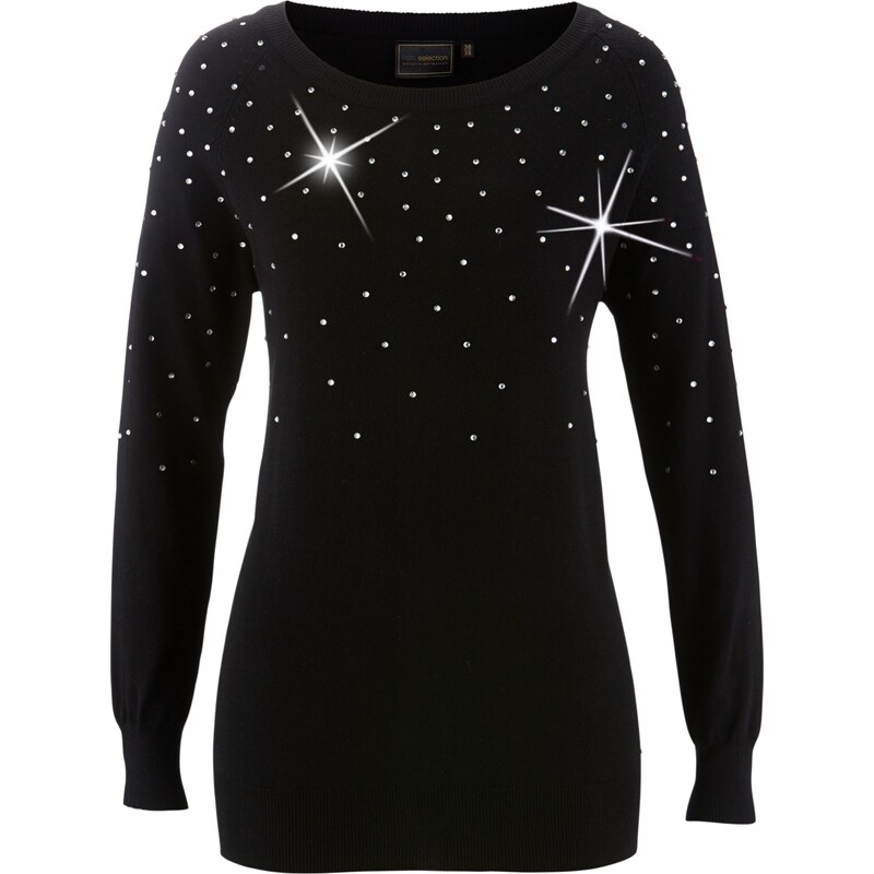 bonprix Dlhý pulóver s lesklými kamienkami, farba čierna 44789233