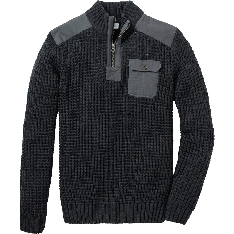 bonprix Pulóver so stojačikom, hrubé pletenie, tkaná časť, farba šedá 45853572