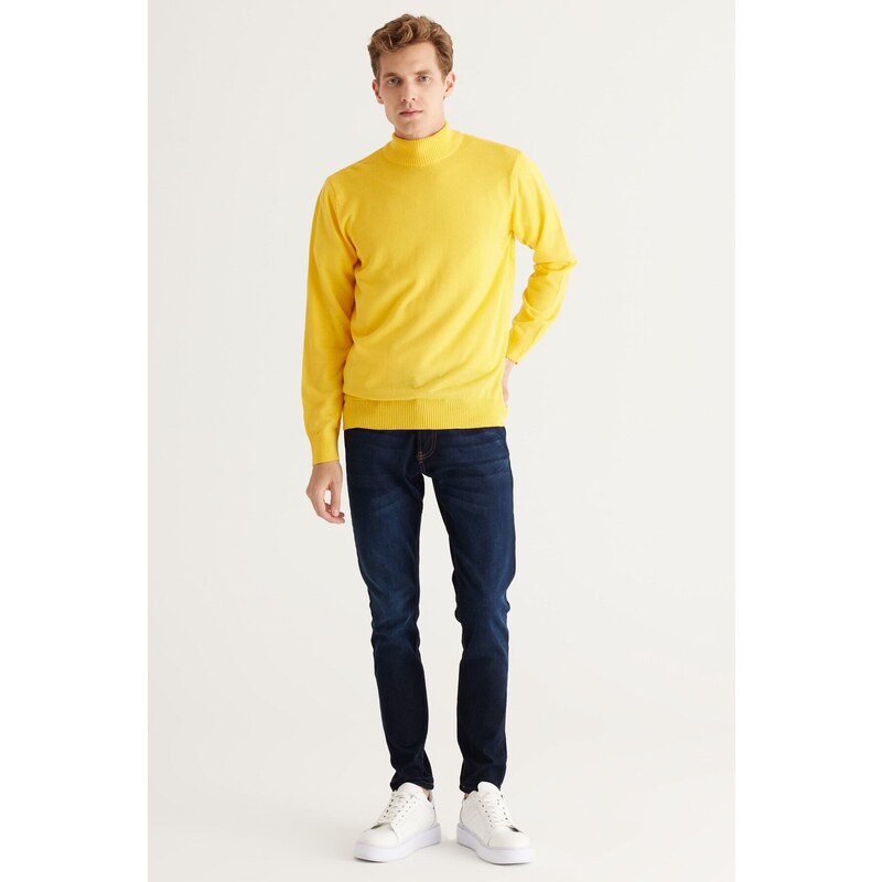 ALTINYILDIZ CLASSICS Men's Yellow Anti-Pilling Standard Fit Normal Cut Half Turtleneck Knitwear Sweater.