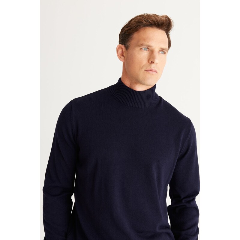ALTINYILDIZ CLASSICS Men's Navy Blue Anti-Pilling Standard Fit Normal Cut Half Turtleneck Knitwear Sweater.