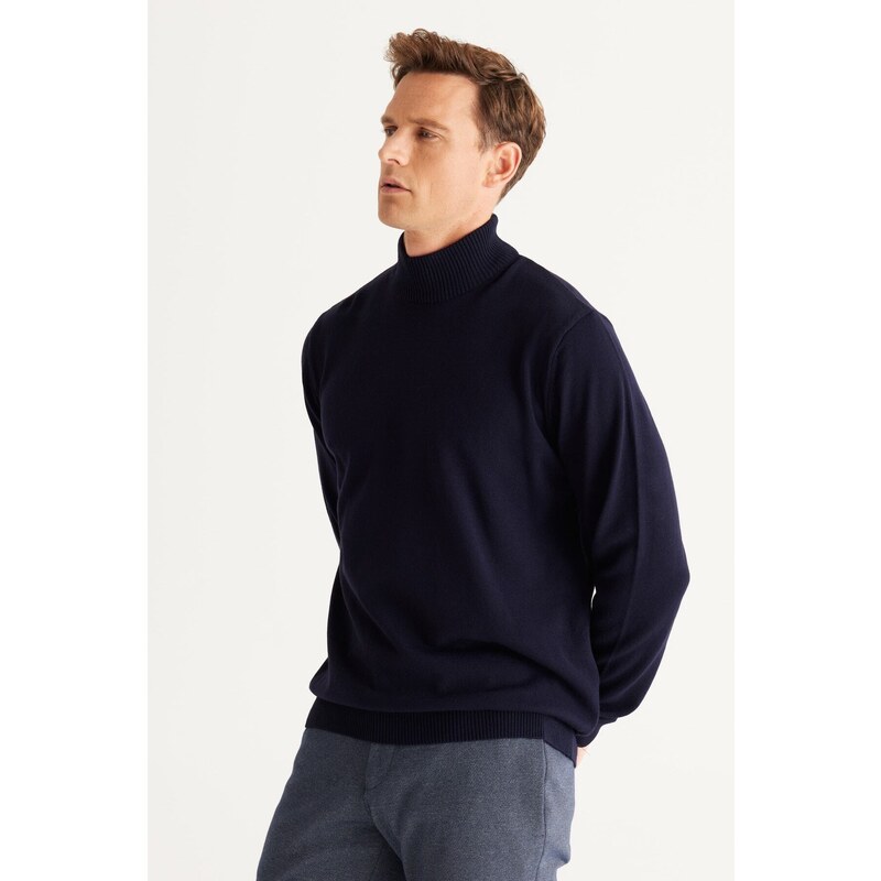 ALTINYILDIZ CLASSICS Men's Navy Blue Anti-Pilling Standard Fit Normal Cut Half Turtleneck Knitwear Sweater.