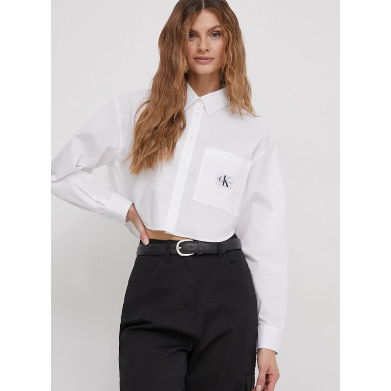 Bavlnená košeľa Calvin Klein Jeans dámska,biela farba,voľný strih,s klasickým golierom,J20J222614