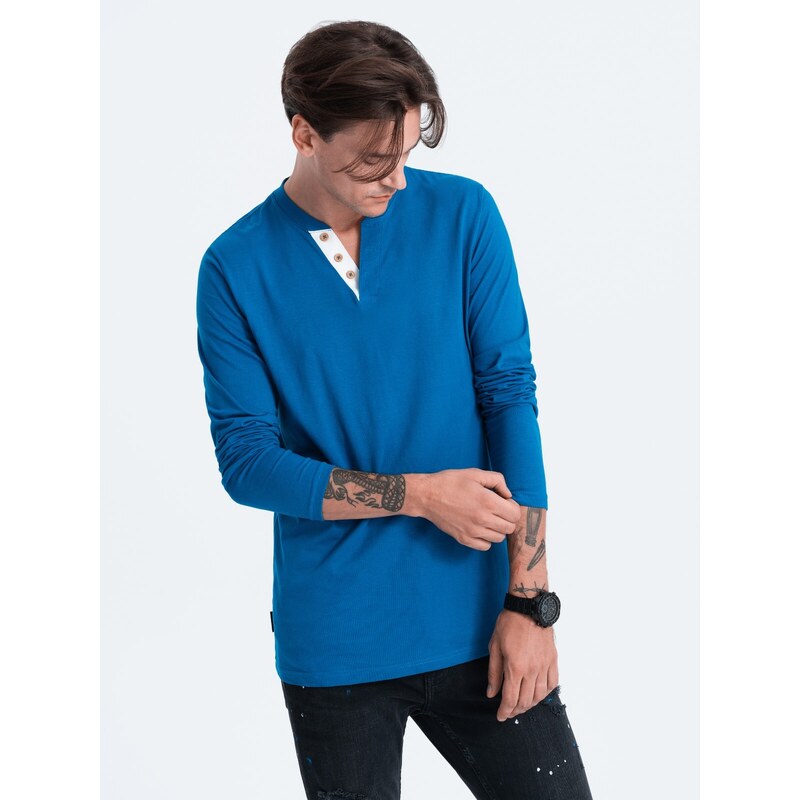 Ombre Clothing Pánske tričko s dlhým rukávom a gombíkmi pri výstrihu - modré V2 OM-LSCL-0107