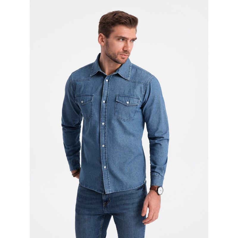 Ombre Clothing Pánska džínsová košeľa s vreckami - modrá V2 OM-SHDS-0115