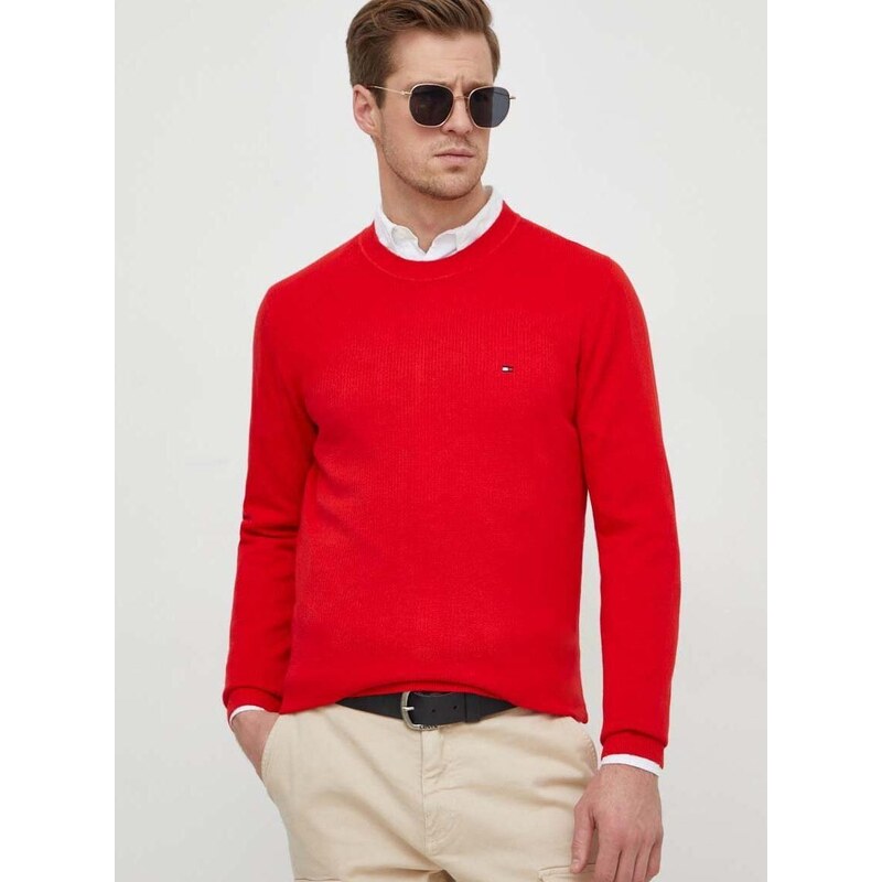 Bavlnený sveter Tommy Hilfiger červená farba, tenký, MW0MW33511