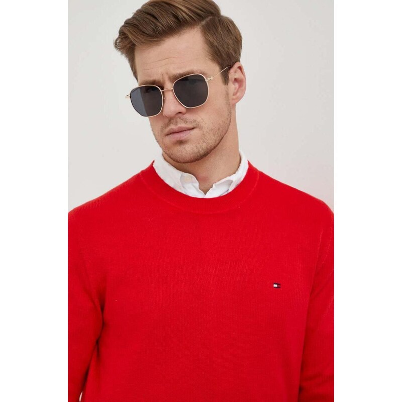 Bavlnený sveter Tommy Hilfiger červená farba, tenký, MW0MW33511