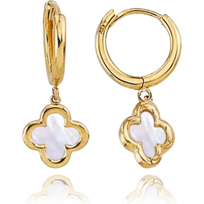 OLIVIE MINET Zlaté náušnice krúžky štvorlístky s bielou perleťou Au 60964875