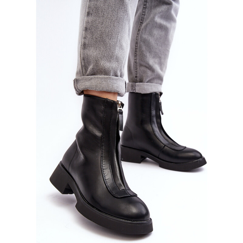 Basic Dámske čierne kožené členkové topánky s predným zipsom