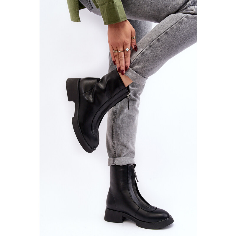 Basic Dámske čierne kožené členkové topánky s predným zipsom