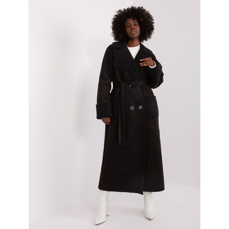 LAKERTA Čierny dlhý bavlnený kabát s imitáciou ovčej kožušiny