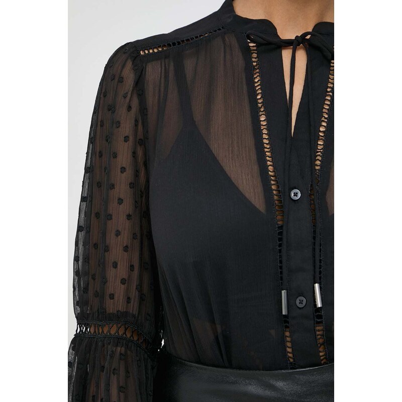 Košeľa Guess JOSETTE dámska, čierna farba, voľný strih, s viazaním vo výstrihu, W3RH56 WDW52
